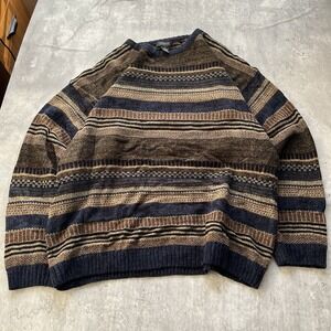 Vintage Cambridge Classic Sweater Mens XL Navy Blue Brown Geometric Crewneck 90s